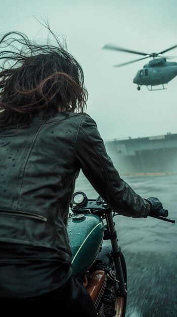 A high-angle shot of Tom Cruise performing a daring stunt on a motorcycle, with a helicopter chasing him and explosions in the background, from a scene in Mission Impossible 8.