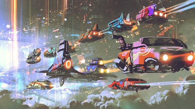 A futuristic cityscape filled with neon lights, flying vehicles, and holographic advertisements, with a character wearing a VR headset engaged in a virtual battle against robotic enemies.