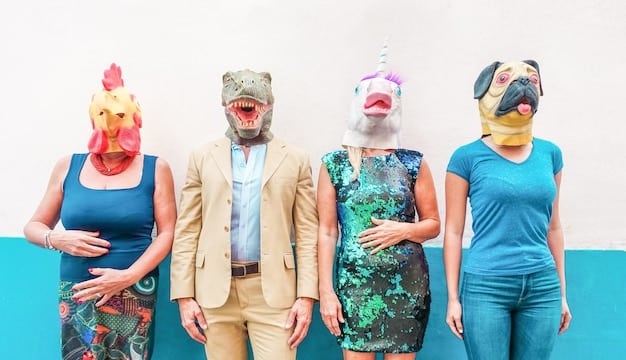 A still from a comedy movie showing a group of diverse actors in funny costumes and exaggerated expressions, standing in a chaotic and colorful set.
