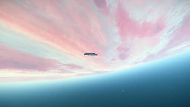 A vast expanse of space with a lone spaceship traversing a nebula, illustrating the isolation and wonder of space exploration.