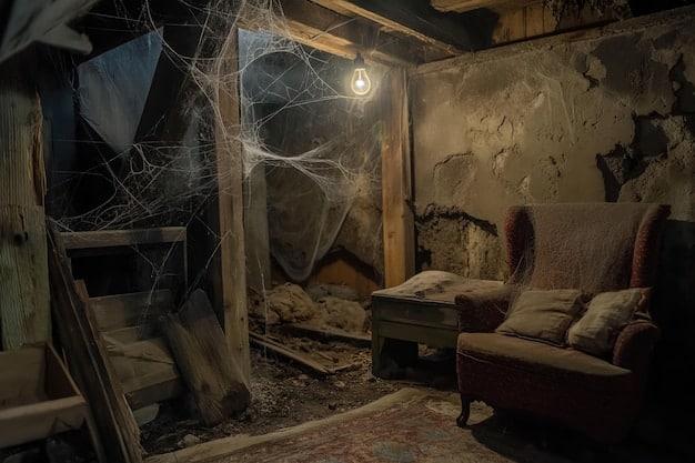 A dimly lit room with old furniture covered in dust, cobwebs in the corners, and creaking floorboards. A sense of decay and abandonment fills the atmosphere, hinting at a dark secret hidden within the house.
