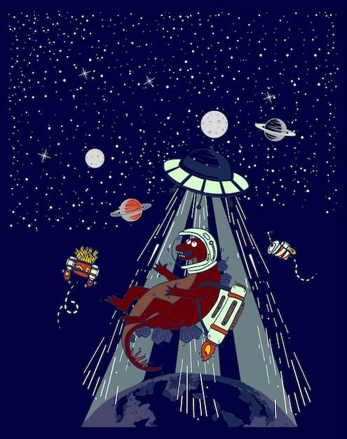 Illustration of astronaut Ryland Grace from Project Hail Mary floating in space near the Hail Mary spacecraft, looking towards a large alien ship approaching. Stars and distant galaxies are visible in the background.