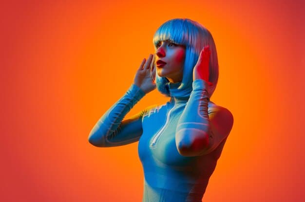 A concept art image depicting a young female protagonist with vibrant, colorful clothing singing on a stage with a microphone in hand. The background is filled with fantasy elements and abstract shapes.