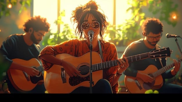 A vibrant digital illustration of a group of diverse young musicians performing on a brightly lit stage. The band includes a guitarist, a drummer, a singer, and a keyboardist. Confetti and lights fill the air, creating a festive atmosphere.