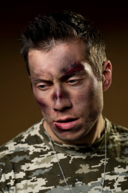 A close-up of a soldier's face, covered in dirt and sweat, showing a look of fatigue and determination. The lighting is dim and dramatic.
