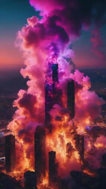 A panoramic view of a futuristic city under siege, with explosions and debris falling from the sky. The color scheme is dark and futuristic.