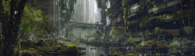 A panoramic view of a futuristic city nestled deep within a dense rainforest. Hovering vehicles weave between colossal ancient trees, and waterfalls cascade down the sides of towering skyscrapers. The scene should evoke a sense of wonder and technological integration with nature.