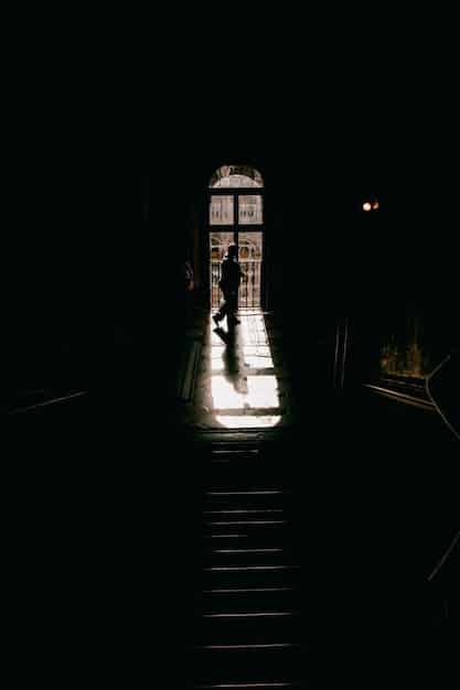 A dimly lit gothic mansion at night, with fog rolling through the grounds. A silhouette of a person can be seen in one of the windows.