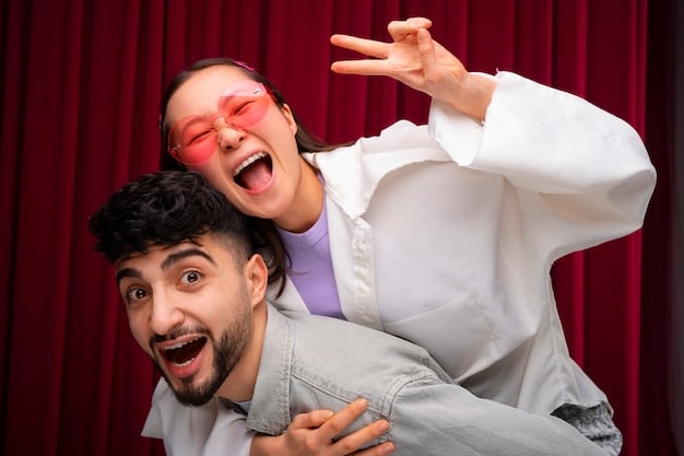 A still from a light-hearted Brazilian comedy film premiering in January 2025, showing two main characters in a funny situation, with bright colors and playful expressions.