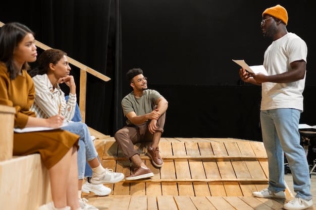 A diverse group of actors on set, rehearsing a scene for a upcoming Globo novela, showcasing representation and inclusivity.