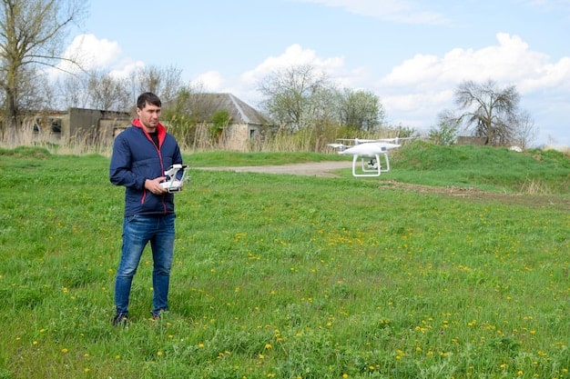 An AI-powered camera drone filming a scene on location. The drone is equipped with advanced sensors and stabilization technology, ensuring high-quality footage. The background shows a lush Brazilian forest.