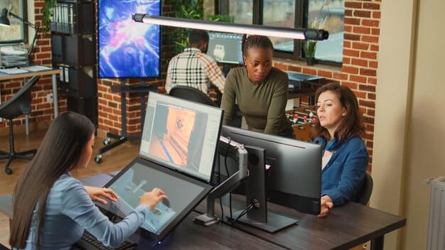 A diverse team of filmmakers in a modern studio, working alongside AI assistants and analyzing data on large screens. The atmosphere is collaborative and forward-thinking.