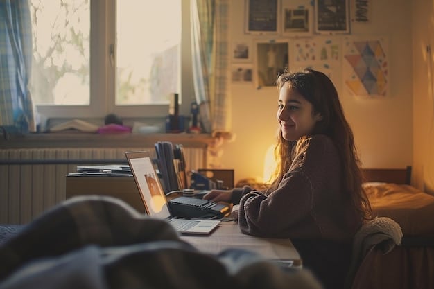 Image of a university student happily watching GloboPlay on her laptop in her dorm room, surrounded by books and notes. The atmosphere should be cozy and relaxed.